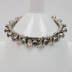 Sterling Silver 925 Opalite Glass Cabochon Panel Bead Link Bracelet Chunky 7.25"